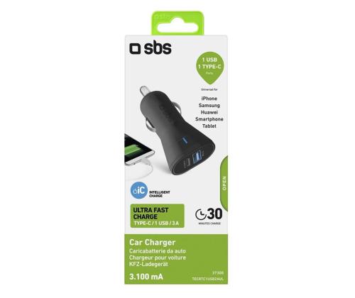 SBS, USB-A, USB-C, 10 W, must - Autolaadija