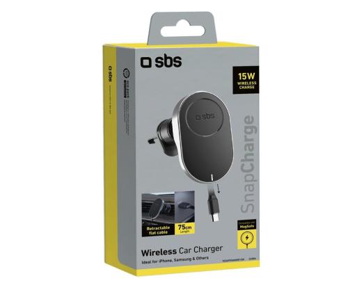 SBS 15W Car Holder, Magsafe, sissetõmbuv kaabel, must - Juhtmevaba autolaadija