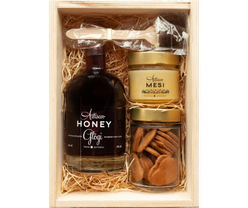 Artisan Honey komplekt puidust kinkekarbis: Metsamarja ja mee glögi 500 ml (alkoholivaba)