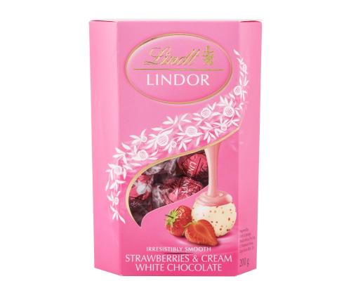 LINDT Lindor valge šokolaadipallid maasikatega 200g