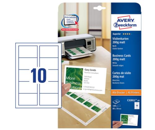 visiitkaart AVERY ZWECKFORM 85x54mm 200g mikroperf.-ga 10 lehte matt valge	